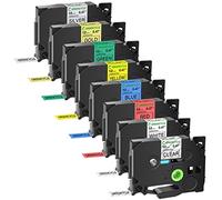 GREENCYCLE Paquete de 8 cintas compatibles con Brother P-Touch AZE de 12 mm 0.47 laminadas negro sobre blanco transparente rojo azul amarillo verde oro plata TZ131 TZ231 TZ431 TZ531 TZ631 TZ731 TZ831