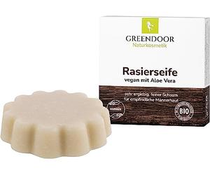 GREENDOOR jabón de afeitar Aloe Vera 80g, espuma cremosa y resistente para un afeitado óptimo, jabón natural con manteca de karité orgánica para un cuidado extra