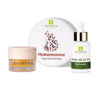 GREENDOOR Naturkosmetik Anti Aging Sparset, crema de hialurón + bálsamo para ojos intenso + aceite de moringa orgánico