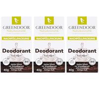 GREENDOOR Sistema de recarga de desodorante, 3 recambios de 40 g para hombre, desodorante sólido rellenable sin aluminio, protección fuerte, vegano, aroma fresco y amaderado, sin plástico