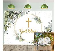 Greenery God Bless - Telón de fondo para bautismo de primera comunión, 2.1 x 1.5 m, hojas de eucalipto verde y dorado, fondo para decoración de fiesta de baby shower
