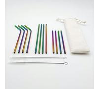 Greenland Paquete de 12 pajitas de metal reutilizables de acero inoxidable, coloridas pajitas finas con 2 cepillos de limpieza en una bolsa de tela, sin BPA y aptas para lavavajillas