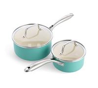 GreenLife Artizan Juego de Cacerola de Cerámica Saludable Antiadherente de 14 cm / 1 L y 18 cm / 2 L, Sin PFAS, Apta para Inducción, Apta para Lavavajillas, Apta para Horno,Turquesa