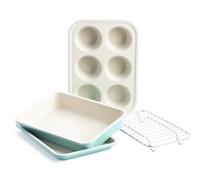 GreenLife Bakeware Set de Horno Tostador de Cerámica Antiadherente Sana de 4 Piezas, Molde de 6 Magdalenas, Rectangular para Tartas, Bandeja y Rejilla para Enfriar,Sin PFAS,Apto para Horno hasta 230°C