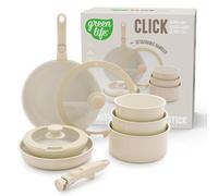 GreenLife Juego de 10 ollas y sartenes antiadherentes, mango extraíble y juego de utensilios de cocina apilables, no tóxicos, sin PFAS, sartenes de cocina de inducción, ahorro de espacio, cuencos para