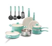 GreenLife Soft Grip Juego de 15 ollas y sartenes de cerámica antiadherente para inducción, incluye sartén, cacerola y cazo, sin PFAS, apto para lavavajillas, apto para horno, turquesa