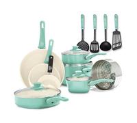 GreenLife Soft Grip Juego de 16 Ollas y Sartenes de Cerámica Antiadherente, Incluye Sartén, Cacerola y Cazo, Sin PFAS, Apto para Lavavajillas, Apto para Horno, Turquesa