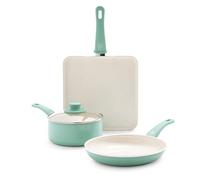 GreenLife Soft Grip - Juego de utensilios de cocina antiadherentes de cerámica saludable sin toxinas, apto para lavavajillas y horno, mango fresco, 4 piezas, turquesa