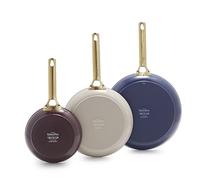 GreenPan Juego de 3 sartenes antiadherentes de cerámica anodizada dura, 20.3 cm, 25.4 cm y 30.5 cm, mango dorado, sin PFAS, apto para inducción, apto para lavavajillas, horno, mezcla multicolor