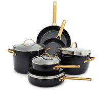 GreenPan Juego de ollas y sartenes antiadherentes de cerámica anodizada dura, 10 piezas, asas de acero inoxidable en tono dorado, sin PFAS, aptas para lavavajillas, horno y asador, color negro