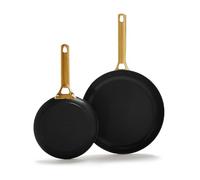 Greenpan Juego de sartenes antiadherentes de cerámica anodizada dura de 8 y 10 pulgadas, mango dorado, sin PFAS, apto para lavavajillas, apto para horno, color negro