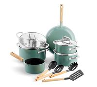 GreenPan Mayflower Juego de 13 Ollas y Sartenes de Cerámica Antiadherente, Incluye Sartenes, Cacerolas, Ollas, Tapas, Colador, Mango de Madera Vintage, Sin PFAS, Inducción, Azul ahumado