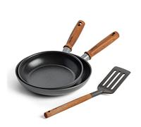 GreenPan Mayflower Pro antiadherente de cerámica anodizada dura, juego de cacerolas de 20 cm y 24 cm con espátula, mango de madera vintage, sin PFAS, apto para inducción, gris marengo