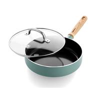 GreenPan Mayflower Sartén de Cerámica Antiadherente 24 cm/2,7 Litros con Tapa, Mango de Madera Vintage, Libre de PFAS, Inducción, Azul Ahumado