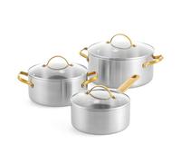 GreenPan Padova - Juego de 6 utensilios de cocina de acero inoxidable con tapa de cristal, ollas y olla sopera, 3 capas, apta para inducción, mango dorado de acero inoxidable, apto para horno hasta