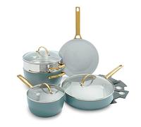 GreenPan Padova Juego de Sartenes, Sartén y Olla de Cerámica Saludable Anodizada Dura, 10 Piezas, Mango Dorado, Sin PFAS, Inducción, Apto para Horno, Apto para Lavavajillas, Azul Ahumado