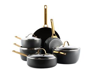 GreenPan Reserve Harteloxiertes Gesundes Keramische Antihaft-Kochgeschirr Set,10 Teile,Inklusive Bratpfannen Sautierpfanne und Kochtopf,Goldgriff,PFAS-frei,Induktion,Backofenfest,Schwarz