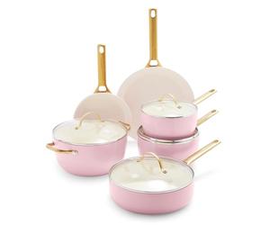GreenPan Reserve Juego de batería de cocina Antiadherente de Cerámica Sana Anodizada Dura, 10 Piezas, Mango Dorado, Incuye Sartenes y Ollas, Sin PFAS, Apto para Inducción y Horno, Rosa