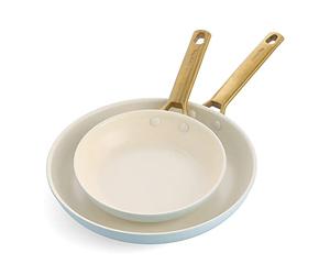 GreenPan Reserve Juego de Sartenes de Cerámica Saludable Anodizada Dura 20 cm y 26 cm, Mango Dorado, Sin PFAS, Aptas para Inducción y Horno, Azul Claro