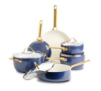 GreenPan Reserve - Juego de utensilios de cocina antiadherente de cerámica saludable, 10 piezas, incluye sartenes y cacerola, mango dorado, sin PFAS, inducción, apto para horno, rubor azul