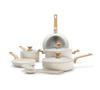 Greenpan Rio Essence Wood - Juego de 10 ollas y sartenes de cerámica saludable, antiadherente, revestimiento sin PFOA ni PFAS, inducción, tapas de borde de silicona, asas de impresión de madera que se