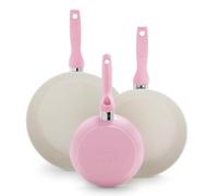 Greenpan Rio - Juego de 3 sartenes antiadherentes de cerámica anodizada dura, 7, 9.5 y 11 pulgadas, mango de agarre suave, sin PFAS, apto para lavavajillas, apto para horno, color rosa