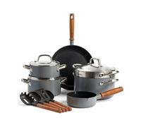 GreenPan Mayflower Pro Antiadherente Cerámico Saludable Anodizado Duro, Juego de 13 Piezas de Batería de Cocina, Inclu. Sartén y Olla, Mango de Madera Vintage, Apto para Inducción, Gris Carbón