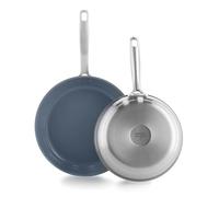GreenPan Treviso Juego de 2 Sartenes de Cerámica Antiadherente Sana y Acero Inoxidable de 24 y 28 cm, Sin PFAS, Aptas para Inducción, Horno, Lavavajillas, Plata