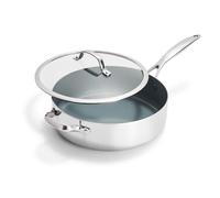 Greenpan Valencia Pro - Sartén de acero inoxidable de tres capas de 5 cuartos con tapa, cerámica saludable antiadherente sin PFAS sin PFOA, utensilios de cocina multirevestimiento, inducción,