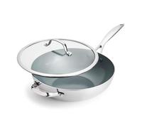Greenpan Valencia Pro - Wok de acero inoxidable de tres capas de 12 pulgadas con tapa, cerámica saludable antiadherente, sin PFA, revestimiento sin PFOA, utensilios de cocina multicapa, inducción,