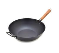 GreenPan Wok de acero al carbono de 12 pulgadas, parte inferior plana, sartén duradera, pátina antiadherente presazonada, alta retención de calor, inducción, mango de madera de fresno, Kyoto, negro