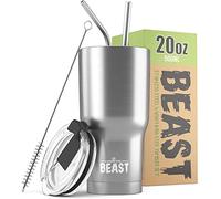 Greens Steel BEAST Termo Café para Llevar - 550ml I Plateada I Taza Térmica de Acero Inoxidable Reusable I Taza Viajera de Doble Pared al Vacío I 2 Pajitas y Cepillo de Limpieza