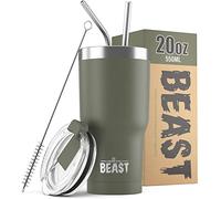 Greens Steel BEAST Termo Café para Llevar - 550ml I Verde Militar I Taza Térmica de Acero Inoxidable Reusable I Taza Viajera de Doble Pared al Vacío I 2 Pajitas y Cepillo de Limpieza