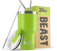Greens Steel BEAST Termo Café para Llevar - 900ml I Verde Limón I Taza Térmica de Acero Inoxidable Reusable I Taza Viajera de Doble Pared al Vacío I 2 Pajitas y Cepillo de Limpieza