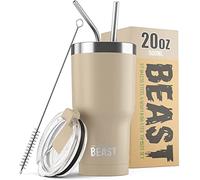 Greens Steel Beast Tumbler - 550 ml (20 oz), Arena | Vaso de acero inoxidable reutilizable con aislamiento al vacío | con 2 pajitas y cepillo de limpieza | Termo de viaje de doble pared