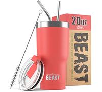 Greens Steel Beast Tumbler - 550 ml (20 oz), Coral | Vaso de acero inoxidable reutilizable con aislamiento al vacío | con 2 pajitas y cepillo de limpieza | Termo de viaje de doble pared