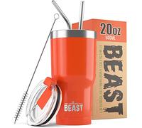 Greens Steel Beast Tumbler - 550 ml (20 oz), Naranja | Vaso de acero inoxidable reutilizable con aislamiento al vacío | con 2 pajitas y cepillo de limpieza | Termo de viaje de doble pared
