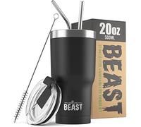 Greens Steel Beast Tumbler - 550 ml (20 oz), Negro Mate | Vaso de acero inoxidable reutilizable con aislamiento al vacío | con 2 pajitas y cepillo de limpieza | Termo de viaje de doble pared