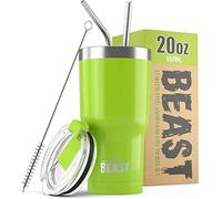 Greens Steel Beast Tumbler - 550 ml (20 oz), Verde Limón | Vaso de acero inoxidable reutilizable con aislamiento al vacío | con 2 pajitas y cepillo de limpieza | Termo de viaje de doble pared