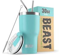 Greens Steel Beast Tumbler - 900 ml (30 oz), Azul Aguamarina | Vaso de acero inoxidable reutilizable con aislamiento al vacío | con 2 pajitas y cepillo de limpieza | Termo de viaje de doble pared