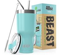 Greens Steel Beast Tumbler - 900 ml (30 oz), Azul Aguamarina | Vaso de acero inoxidable reutilizable con aislamiento al vacío | con 2 pajitas y cepillo de limpieza | Termo de viaje de doble pared