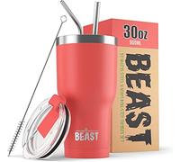 Greens Steel Beast Tumbler - 900 ml (30 oz), Coral | Vaso de acero inoxidable reutilizable con aislamiento al vacío | con 2 pajitas y cepillo de limpieza | Termo de viaje de doble pared