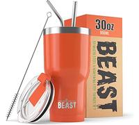 Greens Steel Beast Tumbler - 900 ml (30 oz), Naranja | Vaso de acero inoxidable reutilizable con aislamiento al vacío | con 2 pajitas y cepillo de limpieza | Termo de viaje de doble pared