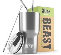 Greens Steel Beast Tumbler - 900 ml (30 oz), Plateada | Vaso de acero inoxidable reutilizable con aislamiento al vacío | con 2 pajitas y cepillo de limpieza | Termo de viaje de doble pared
