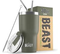 Greens Steel Beast Tumbler - 900 ml (30 oz), Verde Militar | Vaso de acero inoxidable reutilizable con aislamiento al vacío | con 2 pajitas y cepillo de limpieza | Termo de viaje de doble pared