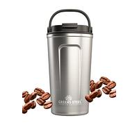 Greens Steel Taza de Café Reusable - 480ml, Plateado I Termo Café para Llevar con Tapa y Asa I Antifugas, Taza Aislado en Acero Inoxidable para Bebidas Calientes y Frías I Té, Café, Bebidas Frías
