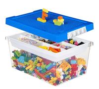 Greentainer Caja de Almacenamiento de Juguetes con Tapa y Bandeja Extraíble, de PP Apilable, Organizador para Bloques, Compatible con Ladrillos, para Habitación Infantil(Azul)