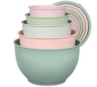Greentainer Juego de 5 Cuencos Plástico para Mezclar con Tapas, 0.8L-4.7L, Apilables y Anidables, Sin BPA, Apto Lavavajillas y Microondas, para Frigorífico y Congelador, Multiusos Cocina（gris y rosa）