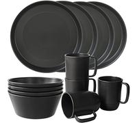 Greentainer Juego de vajilla de plástico irrompible, 12 piezas, platos ligeros, cuencos y tazas, juego de platos aptos para microondas y lavavajillas, servicio para 4 (negro)