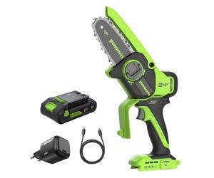 Greenworks 24V 10cm Eléctrica Motosierra Mini Sin Escobillas, Motosierra a Batería Inalámbrica con Batería de 2 Ah y Cargador USB C de 30 W, Sistema de Aceite Automático, Velocidad de Corte 7,8 m/s
